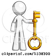White Design Mascot Man Holding Key Made Of Gold