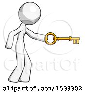 Poster, Art Print Of White Design Mascot Woman With Big Key Of Gold Opening Something
