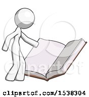 Poster, Art Print Of White Design Mascot Woman Reading Big Book While Standing Beside It