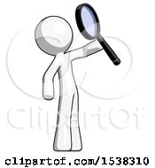 White Design Mascot Man Inspecting With Large Magnifying Glass Facing Up