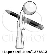 White Design Mascot Woman Impaled Through Chest With Giant Pen