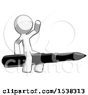 White Design Mascot Man Riding A Pen Like A Giant Rocket