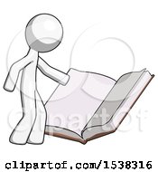 Poster, Art Print Of White Design Mascot Man Reading Big Book While Standing Beside It