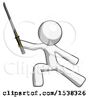 Poster, Art Print Of White Design Mascot Man With Ninja Sword Katana In Defense Pose