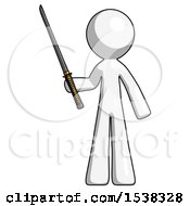 White Design Mascot Man Standing Up With Ninja Sword Katana