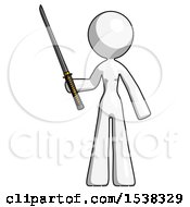 White Design Mascot Woman Standing Up With Ninja Sword Katana