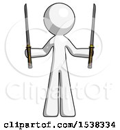 Poster, Art Print Of White Design Mascot Man Posing With Two Ninja Sword Katanas Up