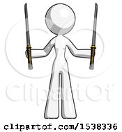 White Design Mascot Woman Posing With Two Ninja Sword Katanas Up