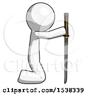 Poster, Art Print Of White Design Mascot Man Kneeling With Ninja Sword Katana Showing Respect