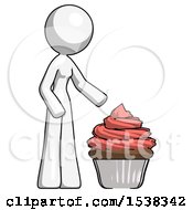White Design Mascot Woman With Giant Cupcake Dessert