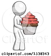 White Design Mascot Man Holding Large Cupcake Ready To Eat Or Serve