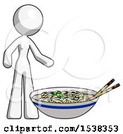 White Design Mascot Woman And Noodle Bowl Giant Soup Restaraunt Concept