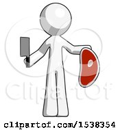White Design Mascot Man Holding Large Steak With Butcher Knife by Leo Blanchette