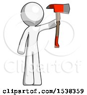 White Design Mascot Man Holding Up Red Firefighters Ax