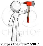 White Design Mascot Woman Holding Up Red Firefighters Ax