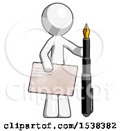 Poster, Art Print Of White Design Mascot Man Holding Large Envelope And Calligraphy Pen