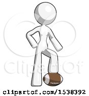 Poster, Art Print Of White Design Mascot Woman Standing With Foot On Football