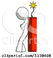Poster, Art Print Of White Design Mascot Woman Leaning Against Dynimate Large Stick Ready To Blow