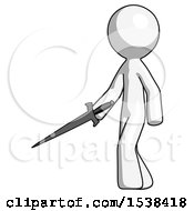 Poster, Art Print Of White Design Mascot Man With Sword Walking Confidently