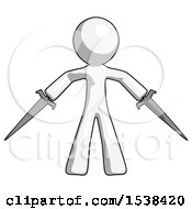 White Design Mascot Man Two Sword Defense Pose