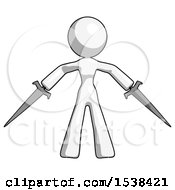 White Design Mascot Woman Two Sword Defense Pose