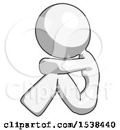 White Design Mascot Woman Sitting With Head Down Facing Sideways Left