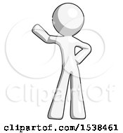 White Design Mascot Man Waving Right Arm With Hand On Hip