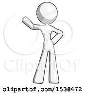 White Design Mascot Woman Waving Right Arm With Hand On Hip