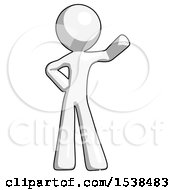 White Design Mascot Man Waving Left Arm With Hand On Hip