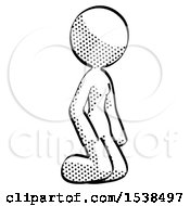 Halftone Design Mascot Woman Kneeling Angle View Right