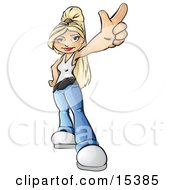 Pretty Blonde Teenage Girl In A White Tank Top And Blue Jeans With One Hand On Her Hip And Using The Other Hand To Flash A Peace Sign Gesture