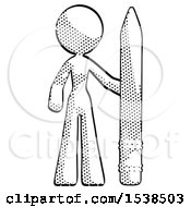 Halftone Design Mascot Woman With Large Pencil Standing Ready To Write
