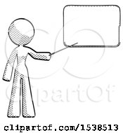 Halftone Design Mascot Woman Pointing At Dry-Erase Board With Stick Giving Presentation