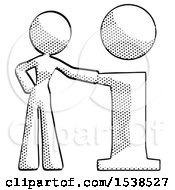 Halftone Design Mascot Woman With Info Symbol Leaning Up Against It