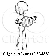Halftone Design Mascot Woman Reading Book While Standing Up Facing Away
