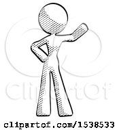 Halftone Design Mascot Woman Waving Left Arm With Hand On Hip