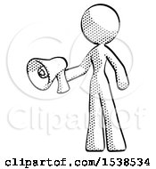 Poster, Art Print Of Halftone Design Mascot Woman Holding Megaphone Bullhorn Facing Right