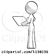 Poster, Art Print Of Halftone Design Mascot Woman Looking At Tablet Device Computer With Back To Viewer