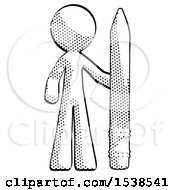 Halftone Design Mascot Man With Large Pencil Standing Ready To Write