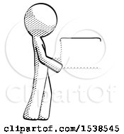 Poster, Art Print Of Halftone Design Mascot Man Show Tablet Device Computer To Viewer Blank Area