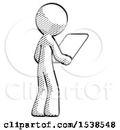 Halftone Design Mascot Man Looking At Tablet Device Computer Facing Away