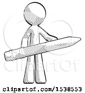 Poster, Art Print Of Halftone Design Mascot Man Writer Or Blogger Holding Large Pencil