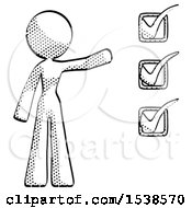 Poster, Art Print Of Halftone Design Mascot Woman Standing By A Checkmark List Arm Extended
