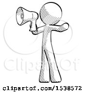 Halftone Design Mascot Man Shouting Into Megaphone Bullhorn Facing Left