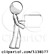 Poster, Art Print Of Halftone Design Mascot Woman Show Tablet Device Computer To Viewer Blank Area