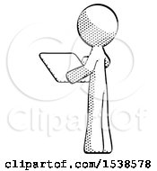 Poster, Art Print Of Halftone Design Mascot Man Looking At Tablet Device Computer With Back To Viewer