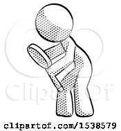 Halftone Design Mascot Man Inspecting With Large Magnifying Glass Left