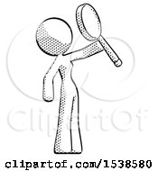 Halftone Design Mascot Woman Inspecting With Large Magnifying Glass Facing Up