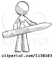 Poster, Art Print Of Halftone Design Mascot Woman Office Worker Or Writer Holding A Giant Pencil