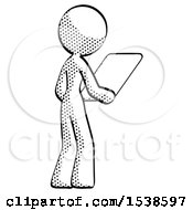 Poster, Art Print Of Halftone Design Mascot Woman Looking At Tablet Device Computer Facing Away